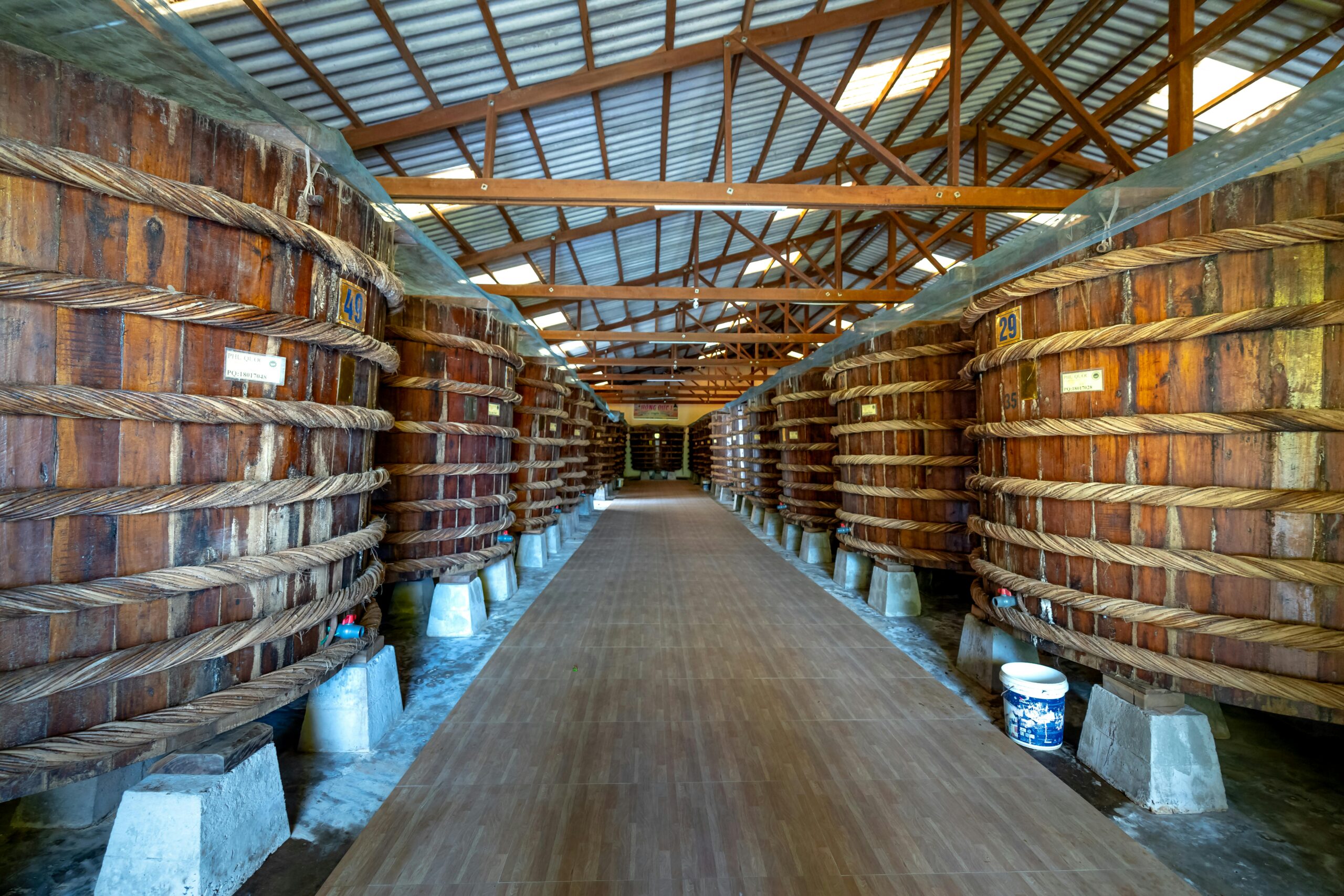 Explore a traditional wooden barrel storage cellar with large containers lined up inside an industrial facility.