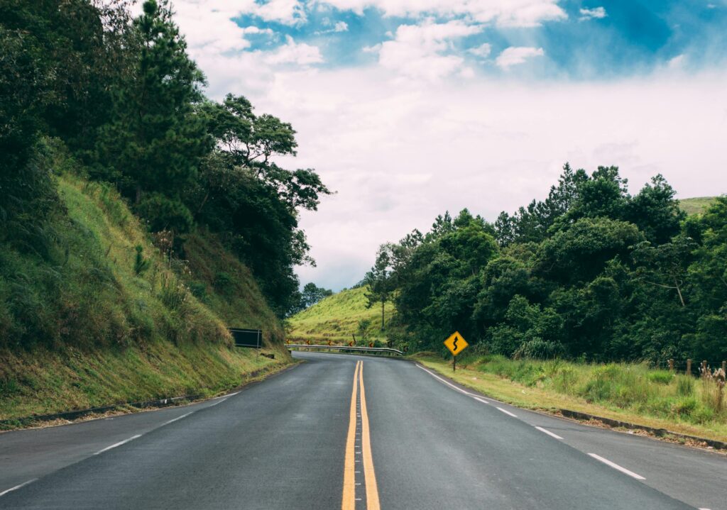 A winding road through lush greenery and trees under a clear sky, perfect for travel enthusiasts.